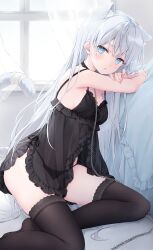 Rule 34 | 1girl, absurdres, animal ears, armpits, babydoll, bare arms, bare shoulders, black babydoll, black choker, black panties, black thighhighs, blue eyes, breasts, cat ears, cat girl, cat tail, choker, extra ears, frilled babydoll, highres, long hair, looking at viewer, no shoes, original, panties, parted lips, see-through, shano hiyori, side-tie panties, sitting, small breasts, solo, spaghetti strap, strap gap, string panties, tail, thighhighs, thighs, underwear, underwear only, very long hair, white hair