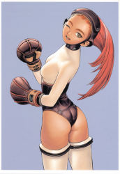 Rule 34 | 1girl, ass, boxing gloves, brown eyes, cowboy shot, hairband, headband, highres, leotard, like a balance life, long hair, murata range, one eye closed, open mouth, red hair, solo, thighhighs, wedgie, white thighhighs