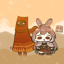 Rule 34 | 1girl, 1other, bag, bow, bowtie, brown eyes, brown hair, cape, chibi, cloud, corset, crossover, desert, feather hair ornament, feathers, friend (nanashi mumei), hair ornament, hairclip, hololive, hololive english, jazz jack, journey, long hair, lowres, mountain, nanashi mumei, overalls, paper bag, pleated skirt, ponytail, robe, scarf, skirt, sky, traveler (journey), virtual youtuber