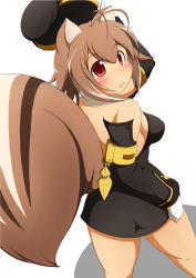 Rule 34 | 1girl, :3, alternate costume, animal ears, antenna hair, arc system works, bare shoulders, beret, blazblue, blazblue: continuum shift, blush, breasts, brown hair, cosplay, detached sleeves, dress, from above, from behind, gloves, hat, highres, makoto nanaya, mirano, noel vermillion, red eyes, short dress, short hair, sideboob, simple background, solo, squirrel ears, squirrel tail, tail, thighs, uniform, white background, white gloves
