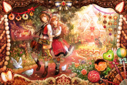 Rule 34 | 1boy, 1girl, apple, bag, bird, blonde hair, boots, brown hair, building, candy, chibi (shimon), dove, dress, flower, food, food focus, fruit, gingerbread house, hansel and gretel, hat, hat ribbon, heart, holding, lollipop, long hair, original, ribbon, sign, smile, socks, star (symbol), strawberry, walking, witch, witch hat