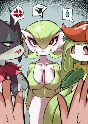 Rule 34 | 3girls, absurdres, anger vein, annoyed, blue background, blush, bob cut, body fur, breasts, closed mouth, collarbone, colored sclera, colored skin, creatures (company), fang, female focus, furry, furry female, game freak, gardevoir, gen 3 pokemon, gen 5 pokemon, green fur, green hair, green skin, hair between eyes, half-closed eyes, hand on own chest, hand up, hands up, highres, large breasts, light blush, lilligant, long hair, looking at another, looking at viewer, looking down, medium breasts, meowscarada, multicolored skin, multiple girls, nintendo, no mouth, open mouth, osushi961, pokemon, pokemon (creature), pov, raised eyebrows, red eyes, red sclera, sad, short hair, simple background, skin fang, speech bubble, split mouth, spoken anger vein, spoken squiggle, spoken sweatdrop, squiggle, standing, straight-on, sweat, sweatdrop, tears, two-tone skin, upper body, white eyes, white skin, wide-eyed