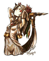 Rule 34 | 1girl, armpits, arms behind head, bare shoulders, breasts, bright pupils, brown hair, closed mouth, commentary request, cowboy shot, cropped legs, dated, elbow gloves, fantasy, gloves, hair ornament, horn ornament, horns, jewelry, kotoba noriaki, long hair, looking at viewer, necklace, original, parted bangs, pixiv fantasia, red eyes, signature, simple background, small breasts, solo, standing, upper body, very long hair, white background