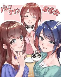 Rule 34 | 3girls, ^ ^, blue hair, blush, breasts, brown hair, closed eyes, coffee, commentary request, cup, finger to cheek, hattori toko, highres, holding, holding cup, idolmaster, idolmaster cinderella girls, looking at viewer, medium breasts, mifune miyu, multiple girls, outline, pon (ponymmtknsk), saucer, simple background, smile, translation request, twitter username, upper body, wakui rumi, white outline