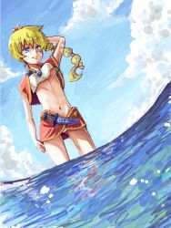 Rule 34 | 1girl, blonde hair, blue eyes, braid, breasts, chrono cross, commentary request, jewelry, kid (chrono cross), long hair, midriff, multi-tied hair, navel, necklace, ponytail, single braid, skirt, solo, vest