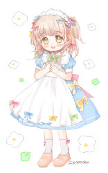 Rule 34 | 1girl, :d, apron, artist name, blue bow, blue dress, blush, bow, bowtie, brooch, brown eyes, brown footwear, collared dress, commentary, dress, flower, flower brooch, full body, green bow, green bowtie, hair between eyes, hair bow, hands up, highres, jewelry, kohane (copinc), leaf, light brown hair, looking at viewer, maid, maid headdress, medium hair, multiple hair bows, one side up, open mouth, original, pink bow, pink ribbon, puffy short sleeves, puffy sleeves, purple bow, red bow, ribbon, shoes, short sleeves, sidelocks, simple background, smile, socks, solo, symbol-only commentary, tareme, twitter username, white apron, white background, white flower, white socks, yellow bow
