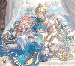 Rule 34 | abs, ahoge, aladdin (sinoalice), arabian clothes, bad id, bad twitter id, blanket, blonde hair, blue eyes, bracelet, building, chest plate, closed mouth, cup, curtains, drinking glass, food, gem, hanazome march, highres, hot dog, ice cream, indoors, jewelry, lamp, male focus, muscular, pig, pillow, plate, scroll, short hair, signature, sinoalice, sitting, smile, solo, three little pigs (sinoalice), window, wine glass