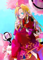 Rule 34 | 1boy, ahat (ragnarok online), ahoge, alcohol, blonde hair, blue eyes, cherry blossoms, commentary request, cup, foot out of frame, holding, holding cup, lantern, long hair, long sleeves, looking at viewer, male focus, open mouth, poring, ragnarok online, red robe, robe, sitting, slime (creature), tatacho, very long hair, vodka, zibal