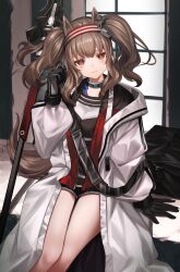 Rule 34 | 1girl, absurdres, angelina (arknights), animal ears, arknights, arm support, black gloves, blush, brown hair, closed mouth, fox ears, fox tail, gloves, hairband, highres, jacket, legs, long hair, long sleeves, looking at viewer, open clothes, red eyes, red hairband, sitting, solo, tail, thighs, twintails, window, yamada maya (yamdmay)