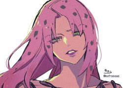 Rule 34 | 1boy, collarbone, diavolo, green eyes, hair over eyes, head tilt, highres, jojo no kimyou na bouken, long hair, looking at viewer, male focus, parted bangs, parted lips, pink hair, portrait, purple lips, signature, simple background, sofra, solo, twitter username, vento aureo, white background