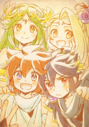 Rule 34 | 2boys, 2girls, ahoge, ancient greek clothes, blonde hair, blue eyes, blush, brown hair, chiton, commentary request, dark pit, flower, forehead jewel, green eyes, green hair, hair flower, hair ornament, kid icarus, kid icarus uprising, laurel crown, looking at viewer, multiple boys, multiple girls, nintendo, open mouth, palutena, pit (kid icarus), purple flower, red eyes, smile, split mouth, sweat, upper body, viridi, yellow eyes, yukigi