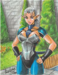 Rule 34 | 1girl, 2019, armor, breasts, collarbone, grass, grey hair, hands on own hips, highres, impa, insignia, medium breasts, nintendo, pointy ears, ponytail, ravernclouk design, sheikah, short hair, solo, the legend of zelda, the legend of zelda: ocarina of time, traditional media, tree, wall, water