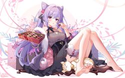 Rule 34 | 1girl, barefoot, blush, breasts, cat, chocolate, cleavage, feet, genshin impact, giving, highres, keqing (genshin impact), light purple hair, long hair, looking at viewer, parted lips, purple eyes, soles, toes, twintails, valentine