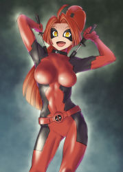 Rule 34 | 1girl, animification, belt, bodysuit, breasts, contrapposto, cowboy shot, deadpool, deadpool (series), domino mask, dual wielding, genderswap, genderswap (mtf), gluteal fold, high ponytail, holding, impossible bodysuit, impossible clothes, katana, large breasts, lipstick, long hair, looking at viewer, makeup, marvel, mask, open mouth, over shoulder, red hair, sheath, solo, spandex, standing, sword, sword over shoulder, ueyama michirou, unsheathing, weapon, weapon on back, weapon over shoulder, yellow eyes