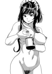 Rule 34 | 1girl, breasts, chicken (artist), female focus, highres, maid cap, milk, monochrome, navel, nipples, nude, simple background, smile, solo, standing, white background