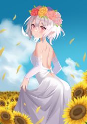 Rule 34 | 1girl, backless dress, backless outfit, blue sky, blush, cloud, detached sleeves, dress, field, flower, flower field, from side, grin, hair between eyes, hair flower, hair ornament, head wreath, highres, kokkoro (princess connect!), leaning forward, long sleeves, looking at viewer, medium hair, outdoors, petals, pointy ears, princess connect!, red eyes, red flower, red rose, rose, shoulder blades, silver hair, skirt hold, sky, sleeveless, sleeveless dress, smile, solo, standing, sunflower, sunflower field, the des alizes, wedding dress, white dress, white flower, white rose, white sleeves, yellow flower, yellow rose