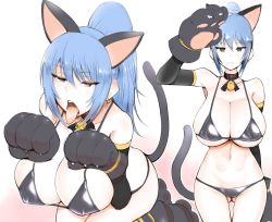 Rule 34 | 1girl, alternate costume, animal ears, animal hands, are (arearee), bikini, blue hair, breasts, cat ears, cat paws, cat tail, gloves, grey eyes, huge breasts, kemonomimi mode, leona heidern, long hair, looking at viewer, metal slug, metal slug attack, micro bikini, multiple views, navel, open mouth, paw gloves, pet play, ponytail, salute, sexually suggestive, standing, swimsuit, tail, tongue, tongue out