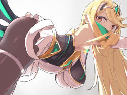 Rule 34 | 1girl, arm support, armor, armored dress, armpits, blonde hair, breasts, dress, elbow gloves, gloves, gold trim, hair ornament, hanging breasts, jewelry, large breasts, leaning forward, legs, long hair, looking back, miniskirt, mythra (massive melee) (xenoblade), mythra (xenoblade), nintendo, outstretched arms, pantyhose, simple background, skirt, sleeveless, sleeveless dress, solo, super smash bros., swept bangs, thigh strap, tiara, tomas (kaosu22), white background, white dress, white gloves, xenoblade chronicles (series), xenoblade chronicles 2, yellow eyes