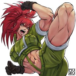 Rule 34 | 1girl, action, gloves, hair between eyes, highres, jamrolypoly, kicking, leona heidern, military, military uniform, muscular, muscular female, orochi leona, red eyes, red hair, simple background, snk, solo, the king of fighters, the king of fighters xv, thighs, uniform, white background
