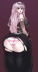 Rule 34 | 1girl, absurdres, ass, bare shoulders, black dress, blush, breasts, captain kirb, curvy, dress, highres, holocouncil, hololive, hololive english, huge ass, large breasts, long hair, looking at viewer, looking back, mori calliope, panties, pink eyes, pink hair, pink panties, simple background, solo, striped clothes, striped panties, thick thighs, thighs, torn clothes, torn dress, underwear, veil, virtual youtuber, wide hips