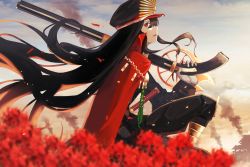 Rule 34 | 1girl, black hair, black hat, black pants, blurry, cape, chain, cloud, cloudy sky, commentary, cowboy shot, day, depth of field, fate/grand order, fate (series), flower, from side, gloves, gun, hair between eyes, hat, highres, katana, long hair, looking at viewer, military, military hat, military uniform, oda nobunaga (fate), oda nobunaga (koha-ace), open mouth, outdoors, over shoulder, pants, peaked cap, profile, red cape, red eyes, rifle, sitting, sky, smoke, solo, sword, uniform, weapon, weapon over shoulder, white gloves, wings, ziu