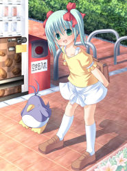 Rule 34 | 1girl, :d, animal, bird, blush, bono, bow, full body, green eyes, green hair, hair bow, kneehighs, loafers, looking at viewer, matching hair/eyes, open mouth, original, outstretched arms, penguin, red bow, shoes, skirt, smile, socks, solo, spread arms, standing, tareme, white socks, white skirt