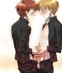 Rule 34 | 2boys, blonde hair, brown hair, censored, cum, face-to-face, highres, holding hands, m nyanyan, male focus, multiple boys, open clothes, open shirt, penis, penises touching, pink eyes, pointless censoring, school, school uniform, shirt, standing, unzipped, yaoi, yellow eyes