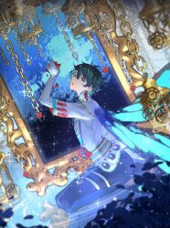 Rule 34 | 1boy, absurdres, birdcage, black hair, black pants, blue eyes, blue wings, butterfly wings, cage, ensemble stars!, flower, gears, gloves, heterochromia, highres, insect wings, jacket, kagehira mika, long sleeves, male focus, on water, pants, petals, picture frame, red flower, red rose, rose, short hair, sitting, solo, stop adashino, water, white gloves, white jacket, wings, yellow eyes