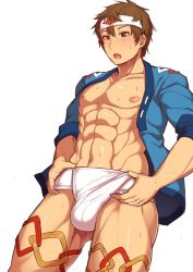 Rule 34 | 10s, 1boy, abs, adjusting fundoshi, brown eyes, brown hair, bulge, cowboy shot, drum master (granblue fantasy), fundoshi, gran (granblue fantasy), granblue fantasy, hachimaki, happi, headband, highres, jacket, japanese clothes, looking down, male focus, male underwear, nipples, open clothes, open jacket, open mouth, simple background, solo, sweat, wawawama, white background, white male underwear