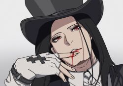 Rule 34 | 1other, androgynous, ark1478, black hair, black hat, blood, fingerless gloves, gloves, guilty gear, guilty gear strive, hat, highres, long hair, looking at viewer, other focus, parted lips, red eyes, red lips, testament (guilty gear), top hat, white gloves