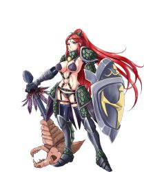 Rule 34 | 1girl, armor, black panties, blue eyes, breasts, character request, floating hair, full body, highres, holding, large breasts, legs, long hair, looking at viewer, panties, ponytail, red hair, sennen sensou aigis, serious, shield, shoulder pads, solo, standing, thighs, thong, transparent background, underwear, weapon, white background