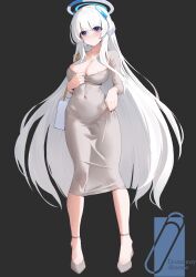 Rule 34 | 1girl, absurdres, alternate costume, areola slip, blue archive, blush, breasts, cleavage, covered navel, dongtan dress, dress, english text, grey dress, grey hair, halo, headgear, highres, large breasts, light smile, long hair, looking at viewer, meme attire, noa (blue archive), purple eyes, qinshishizhang, scoop neck, simple background, solo, very long hair