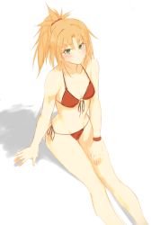 Rule 34 | 1girl, absurdres, bare shoulders, bikini, blush, braid, breasts, closed mouth, collarbone, fate/grand order, fate (series), french braid, green eyes, hair ornament, hair scrunchie, halterneck, highres, legs, long hair, looking at viewer, mordred (fate), mordred (fate) (all), mordred (fate/apocrypha), mordred (swimsuit rider) (fate), mordred (swimsuit rider) (first ascension) (fate), navel, negajo, parted bangs, ponytail, red bikini, red scrunchie, scrunchie, sidelocks, sitting, small breasts, string bikini, swimsuit, thighs