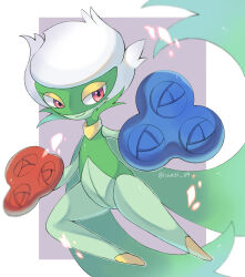 Rule 34 | artist name, aura, blue flower, blue rose, cape, closed mouth, colored skin, commentary request, creatures (company), flower, game freak, gen 4 pokemon, green cape, green skin, grey background, highres, iwasi 29, nintendo, pokemon, pokemon (creature), red eyes, red flower, red rose, rose, roserade, smile, twitter username, two-tone background, white background, white hair