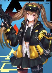 Rule 34 | 1girl, absurdres, black bow, black gloves, black skirt, black tank top, blush, bow, brown hair, closed mouth, crop top, feet out of frame, fingerless gloves, girls&#039; frontline, gloves, gun, h&amp;k ump, hair bow, hair ornament, hairclip, highres, holding, holding gun, holding weapon, jacket, long hair, looking at viewer, multicolored clothes, multicolored jacket, night-vision device, open clothes, open jacket, r9k1, red eyes, scar, scar across eye, skirt, smile, solo, standing, submachine gun, tank top, twintails, ump9 (girls&#039; frontline), ump9 (mod3) (girls&#039; frontline), weapon