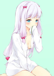 Rule 34 | 10s, 1girl, barefoot, between legs, blouse, blue eyes, blush, bow, breasts, clothes pull, covered mouth, dress shirt, eromanga sensei, green background, grey hair, hair bow, half-closed eyes, hand between legs, hand to own mouth, hands in opposite sleeves, izumi sagiri, long hair, low-tied long hair, naked shirt, natsu (natume0504), open clothes, open shirt, pink bow, shirt, shirt pull, simple background, sitting, small breasts, solo, thighs, wariza, white shirt