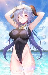Rule 34 | 1girl, ahoge, armpits, arms up, bare arms, bare shoulders, bell, black one-piece swimsuit, blue hair, breasts, covered erect nipples, cowbell, day, detached collar, ganyu (genshin impact), genshin impact, goat horns, groin, highleg, highleg swimsuit, highres, horns, impossible clothes, impossible swimsuit, kyundoo, large breasts, light rays, long hair, looking at viewer, ocean, one-piece swimsuit, one eye closed, outdoors, parted lips, purple eyes, solo, sunbeam, sunlight, swimsuit, thighs, very long hair, wading, wet