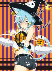 Rule 34 | 10s, 1girl, aiming, aiming at viewer, animal ears, arrow (projectile), ass, blue eyes, blue hair, bow (weapon), breasts, cat ears, cla (torinabe), halloween, highres, jack-o&#039;-lantern, one eye closed, short hair, short shorts, shorts, sinon, sinon (sao-alo), small breasts, sword art online, tail, tongue, tongue out, weapon, wink