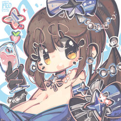 Rule 34 | 1girl, absurdres, arm strap, blue bow, blue choker, bow, breasts, brown eyes, choker, cleavage, cup, diesel (midnight strawberry) (nikke), diesel (nikke), food, fruit, goddess of victory: nikke, hair behind ear, hair ornament, highres, holding, holding cup, jrpencil, large breasts, long hair, looking at viewer, open mouth, ponytail, smile, solo, star (symbol), star hair ornament, strawberry, thick eyebrows