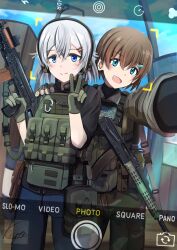 2girls ammunition_pouch assault_rifle blue_eyes brown_hair bulletproof_vest grey_hair gun gun_sling highres kalashnikov_rifle makiyo_shine multiple_girls open_mouth original pouch rifle short_hair user_interface weapon