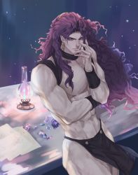 Rule 34 | 1boy, battle tendency, commentary request, earrings, horns, jewelry, jojo no kimyou na bouken, kars (jojo), loincloth, long hair, male focus, manly, muscular, muscular male, narrow waist, notes, oil lamp, pelvic curtain, purple hair, red eyes, revealing clothes, solo, thinking, topless male, wavy hair, yepnean