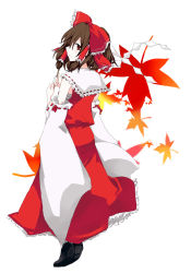 Rule 34 | 1girl, autumn leaves, bad id, bad pixiv id, brown hair, detached sleeves, female focus, from behind, full body, hair ribbon, hair tubes, hakurei reimu, japanese clothes, miko, poprication, red eyes, ribbon, sarashi, skirt, solo, touhou, white background
