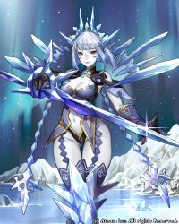 Rule 34 | 1girl, armpit peek, aurora, bare shoulders, blue hair, blue legwear, blue skin, blunt bangs, breasts, cleavage, collarbone, colored skin, company name, crown, crystal sword, garter straps, gem, gloves, groin, highleg, highleg panties, holding, holding sword, holding weapon, ice, lipstick, makeup, medium breasts, mountain, navel, navel piercing, outstretched arm, panties, piercing, red eyes, short hair, skadi (valkyrie connect), sky, sleeveless, solo, sparkle, standing, star (sky), sword, thigh gap, underwear, valkyrie connect, weapon, wide hips, yuu (higashi no penguin)