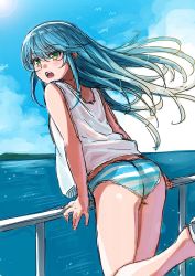 Rule 34 | 1girl, ass, bad id, bad twitter id, bare shoulders, blue hair, character request, cloud, day, highres, isshi pyuma, leaning forward, loose clothes, open mouth, panties, railing, sketch, sky, solo, striped clothes, striped panties, thighs, underwear, water, yellow eyes