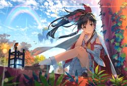 Rule 34 | 1girl, bad id, bad pixiv id, bird, black hair, blue sky, bow, brown eyes, brown footwear, closed mouth, cloud, cloudy sky, day, detached sleeves, eho (icbm), floating hair, floating island, hair bow, hakurei reimu, highres, long hair, looking at viewer, outdoors, rainbow, red bow, red skirt, ribbon-trimmed sleeves, ribbon trim, shoes, skirt, skirt set, sky, smile, socks, solo, torii, touhou, vest, white socks, wide sleeves, wind