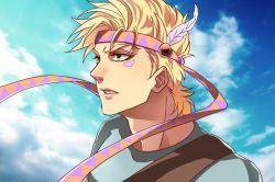 Rule 34 | 1boy, almightyx124, blonde hair, caesar anthonio zeppeli, cloud, day, facial mark, feather hair ornament, feathers, fingerless gloves, gloves, feather hair ornament, headband, jojo no kimyou na bouken, male focus, scarf, sky, solo