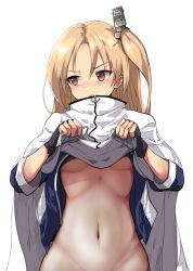 Rule 34 | 1girl, azur lane, blonde hair, blue jacket, blush, breasts, cape, capelet, cleveland (azur lane), clothes lift, dress, dress lift, embarrassed, fang, fingerless gloves, gloves, groin, highres, jacket, lifting own clothes, looking to the side, navel, no bra, no panties, one side up, out-of-frame censoring, parted bangs, ponytail, red eyes, simple background, skin fang, small breasts, solo, standing, take (trude1945oneetyan), underboob, white background, white capelet
