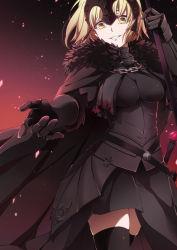 Rule 34 | 1girl, armor, armored dress, black thighhighs, blonde hair, breasts, cape, embers, fate/apocrypha, fate/grand order, fate (series), fur trim, gauntlets, grin, headpiece, jeanne d&#039;arc (fate), jeanne d&#039;arc alter (avenger) (fate), jeanne d&#039;arc alter (avenger) (first ascension) (fate), jeanne d&#039;arc alter (fate), outstretched hand, ruler (fate/grand order), skindentation, smile, solo, staff, sword, thighhighs, weapon, yellow eyes, yukichi (mainitiiitenkidana07)