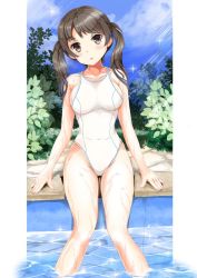 Rule 34 | 1girl, black hair, breasts, brown eyes, competition swimsuit, large breasts, mashinatsu, one-piece swimsuit, original, poolside, sitting, solo, swimsuit, twintails, water, wet
