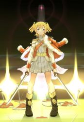 Rule 34 | 10s, 1girl, belt, belt buckle, blonde hair, blush, boots, bow (weapon), brown footwear, buckle, closed mouth, commentary request, daiba nana, dress, dual wielding, epaulettes, full body, fur-trimmed jacket, fur trim, glowing, green eyes, green ribbon, grey dress, hair ribbon, highres, holding, holding sword, holding weapon, jacket, jacket on shoulders, katana, long sleeves, mace, obelisk, pigeon-toed, planted, planted sword, planted weapon, pleated dress, red jacket, ribbon, shaka (staito0515), shoujo kageki revue starlight, shovel, solo, standing, sword, two side up, weapon, white jacket, yellow belt